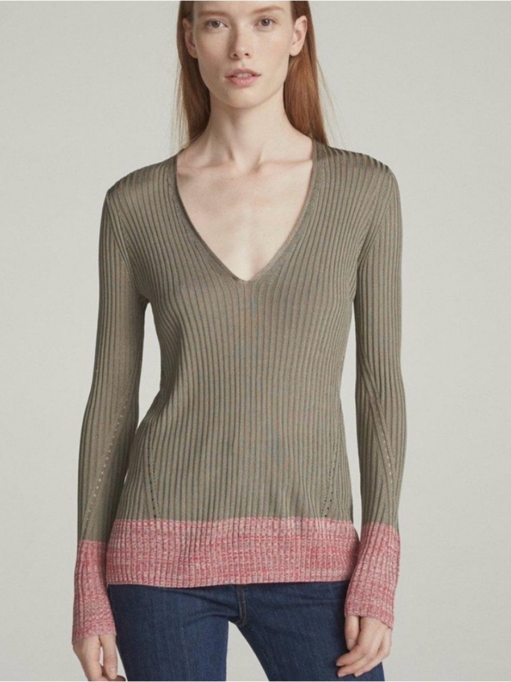 Rag & Bone Alyssa Ribbed V-Neck Sweater Green/Pink